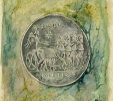 Vincenzo Paudice - Moneta d'argento emessa nel III sec. a.C. dalla città di Siracusa raffigurante Nike su quadriga